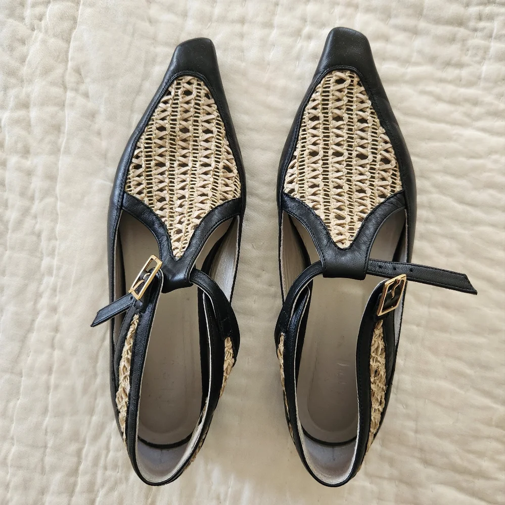 Tibi Wilder Black and Natural Raffia Pointed-Toe Flats